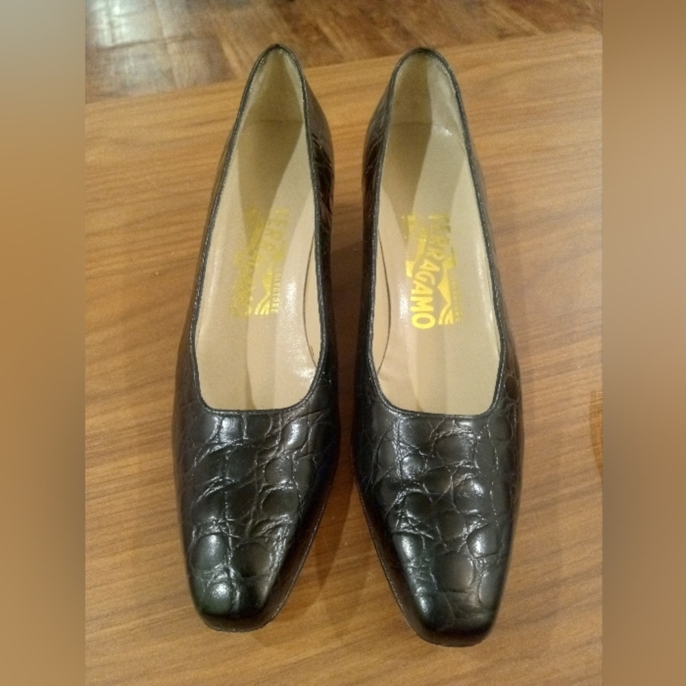 Salvatore Ferragamo Black Croc-Embossed Leather Square-Toe Pumps